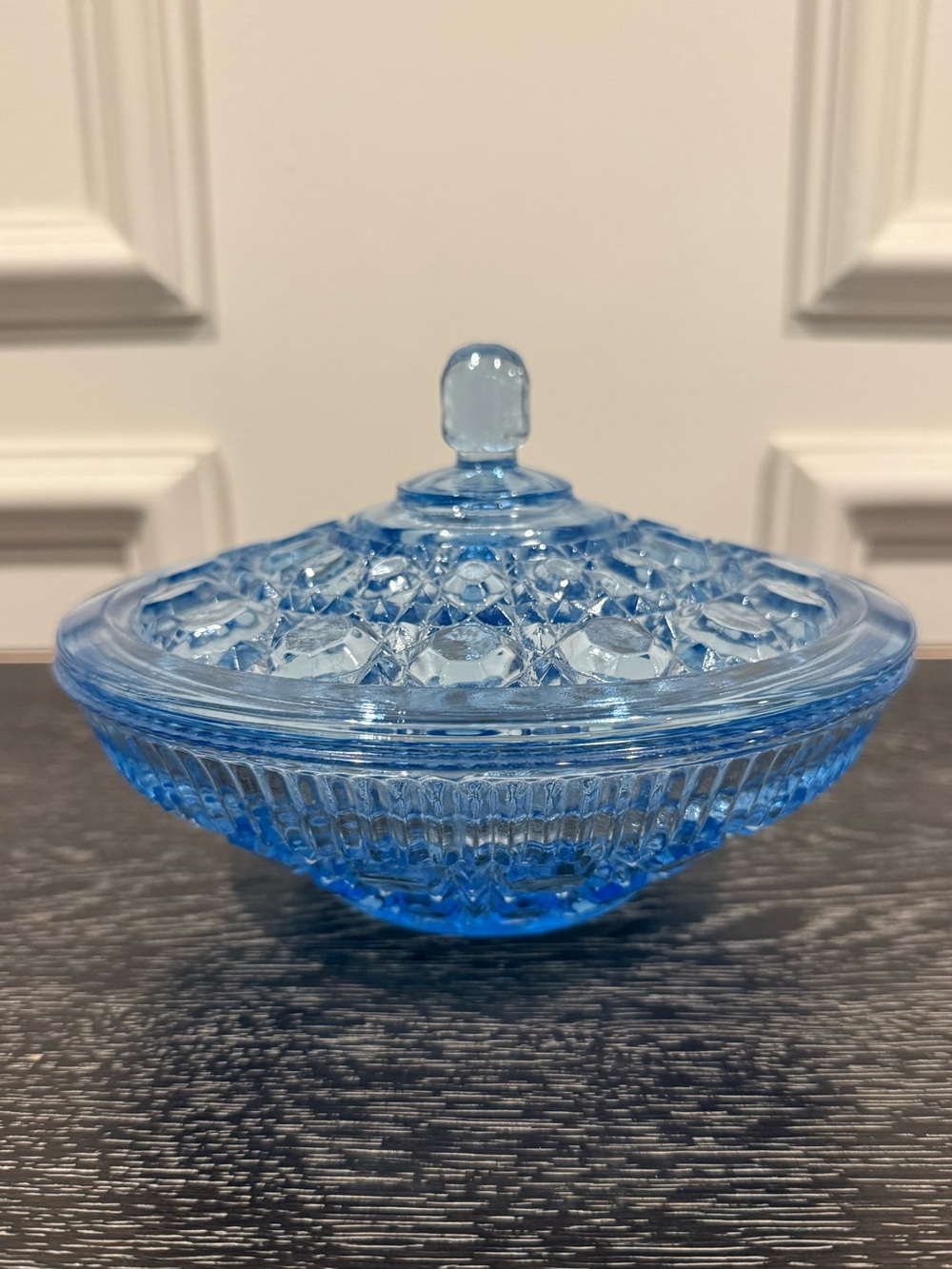 Vintage Indiana Glass Ice Blue Candy Nut Dish w/ Lid Windsor Cane And Button